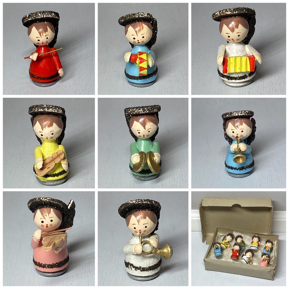8 Vintage Feri Italy Handmade Wooden Angel Orchestra Figurines Miniature Band